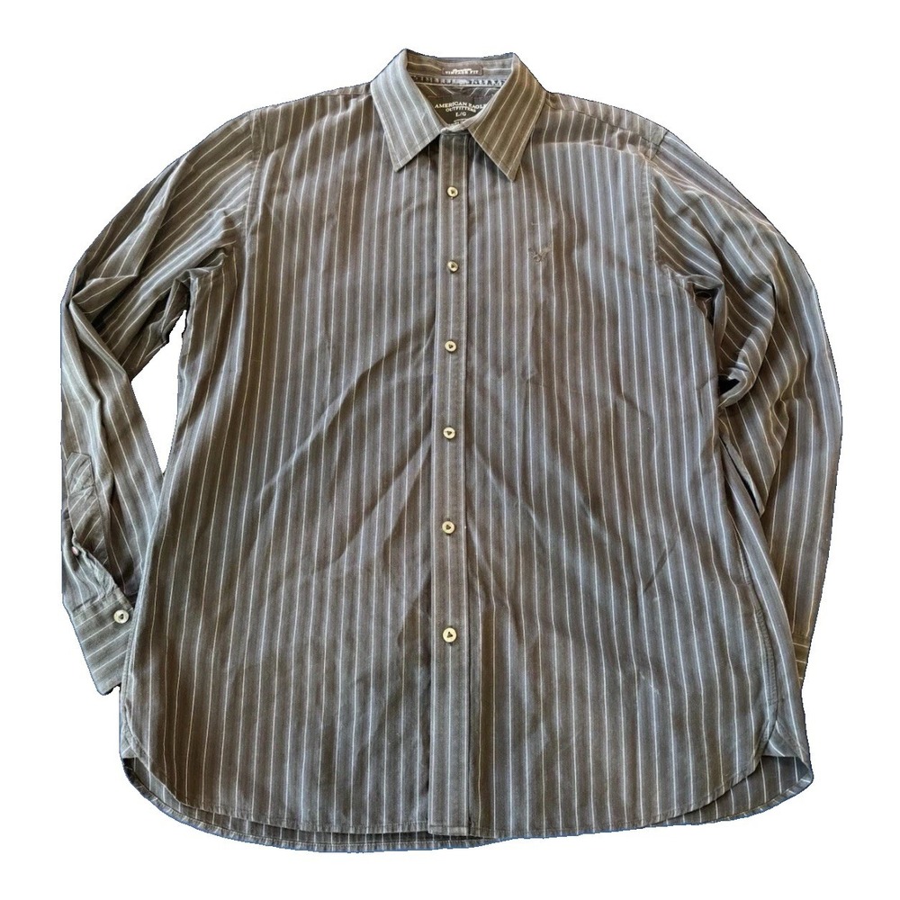 Vintage Fit American Eagle Mens Dress Shirt Navy Stripes On Black LG LARGE L